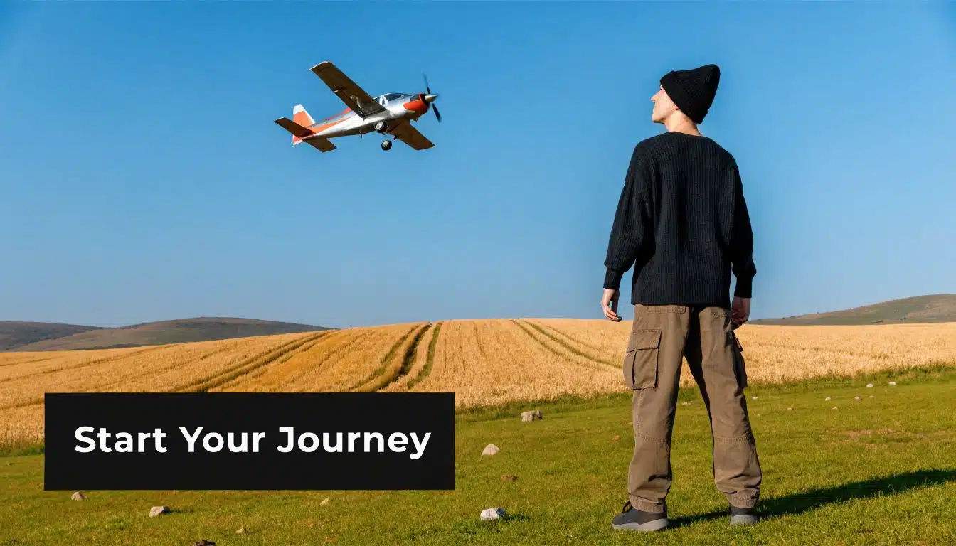 Private Pilot License Training: Your Path to Fly 2 A person standing in a grassy field looking up at a small airplane flying in the sky.