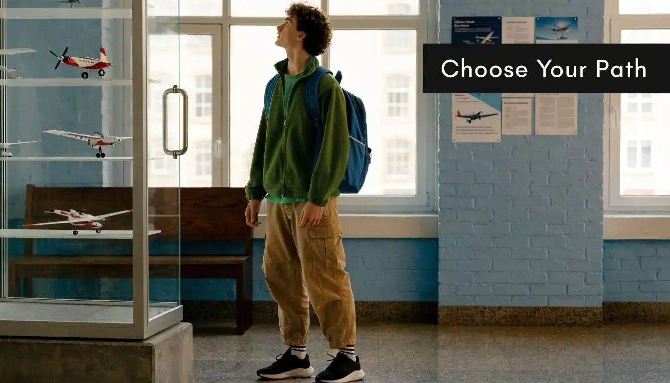 Private Pilot License Training: Your Path to Fly 4 A teenage student looking at model airplanes in a display case inside a bright school hallway.