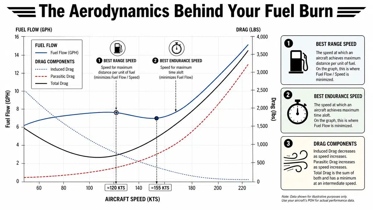 Aircraft Range and Endurance: Flight Planning Tips 2026 3 An educational graph showing the relationship between aircraft speed, fuel flow, and drag for flight performance.