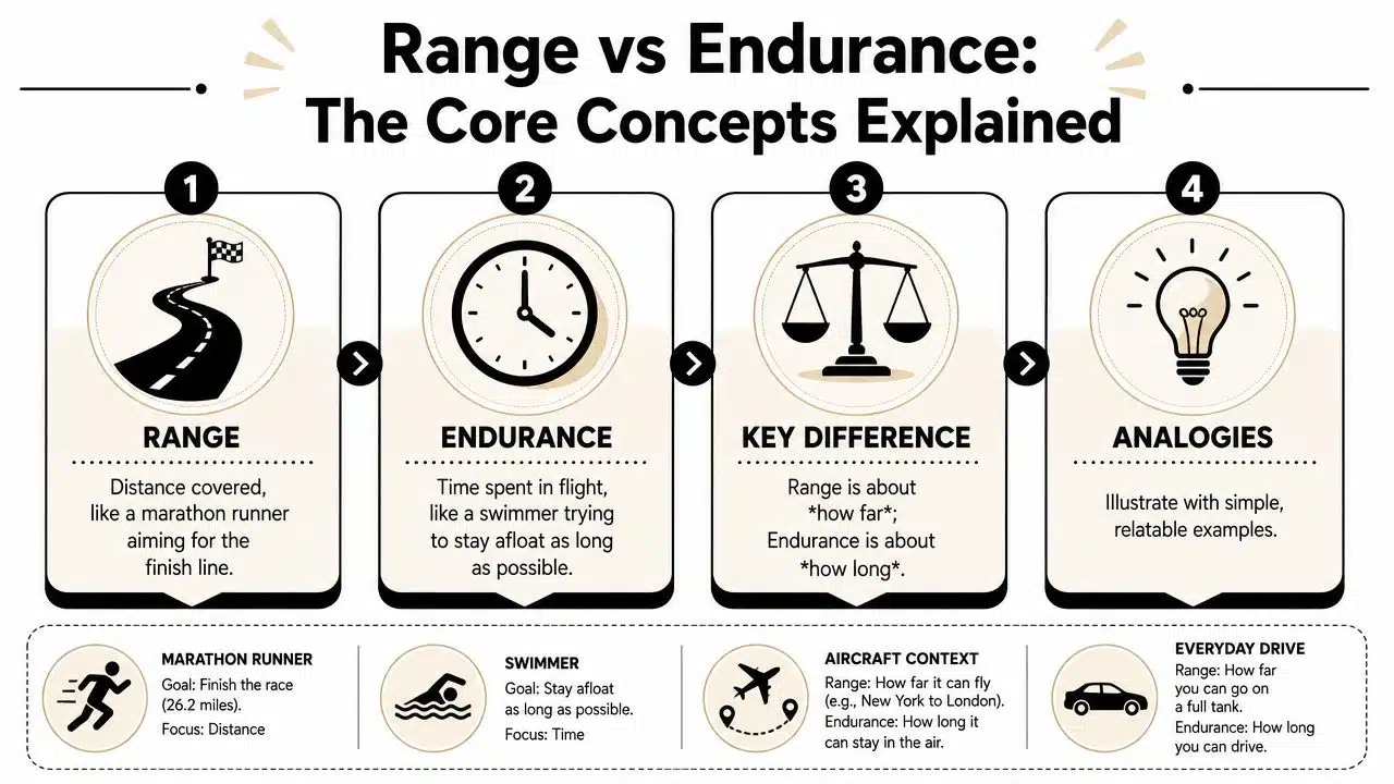 Aircraft Range and Endurance: Flight Planning Tips 2026 2 An infographic explaining the core differences between range and endurance using clear examples and helpful analogies.