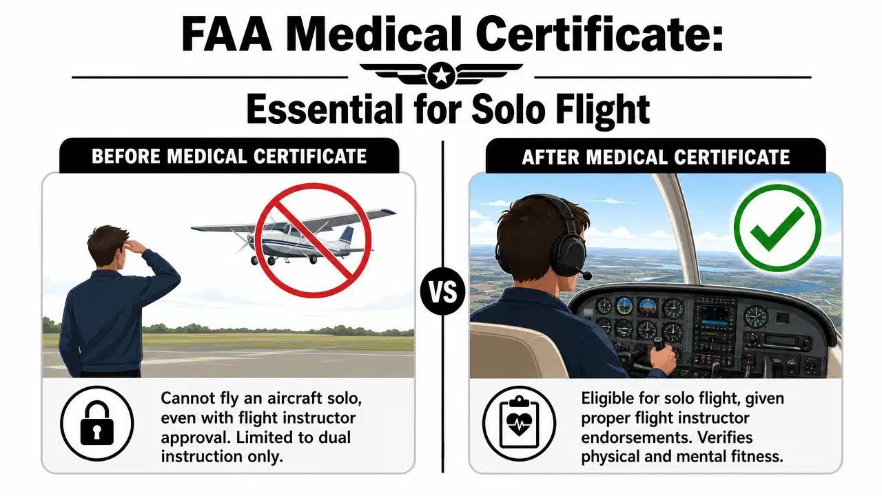 FAA Requirements for Student Pilot License in 2026 2 An infographic showing the importance of an FAA medical certificate for student pilots to fly solo.