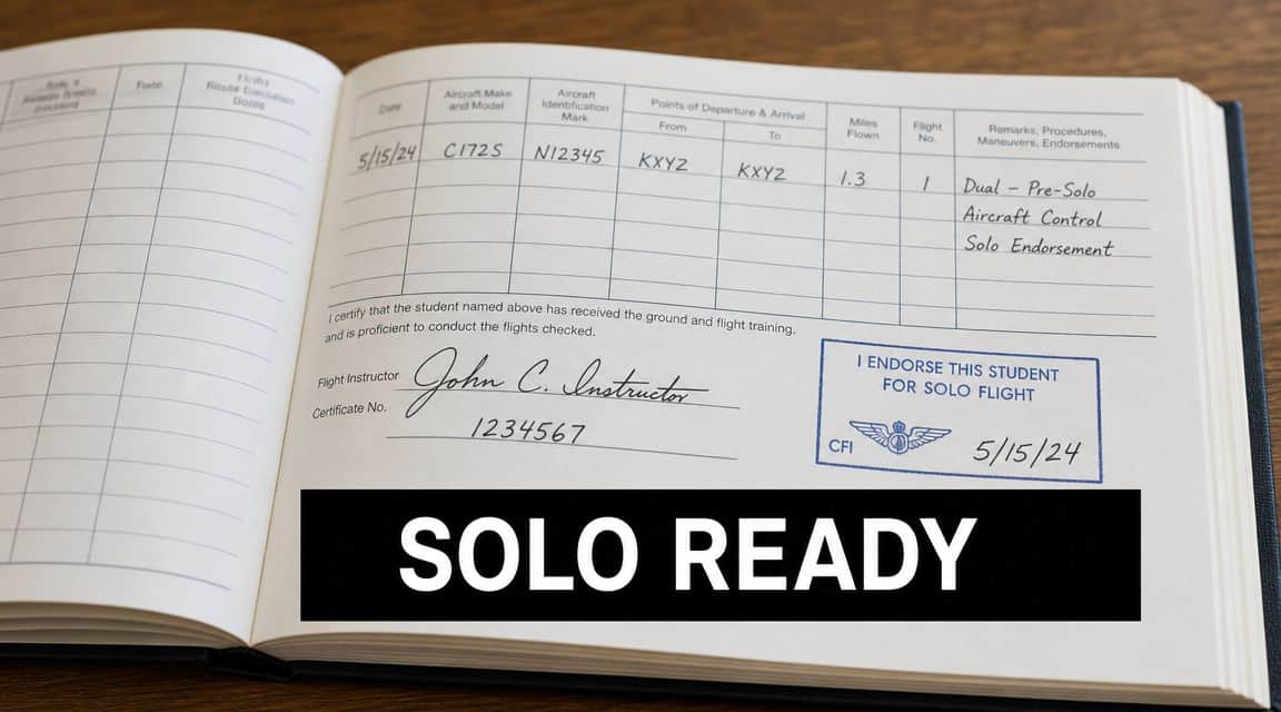 FAA Requirements for Student Pilot License in 2026 4 An open pilot logbook showing a flight entry and a solo flight endorsement stamp for a student.