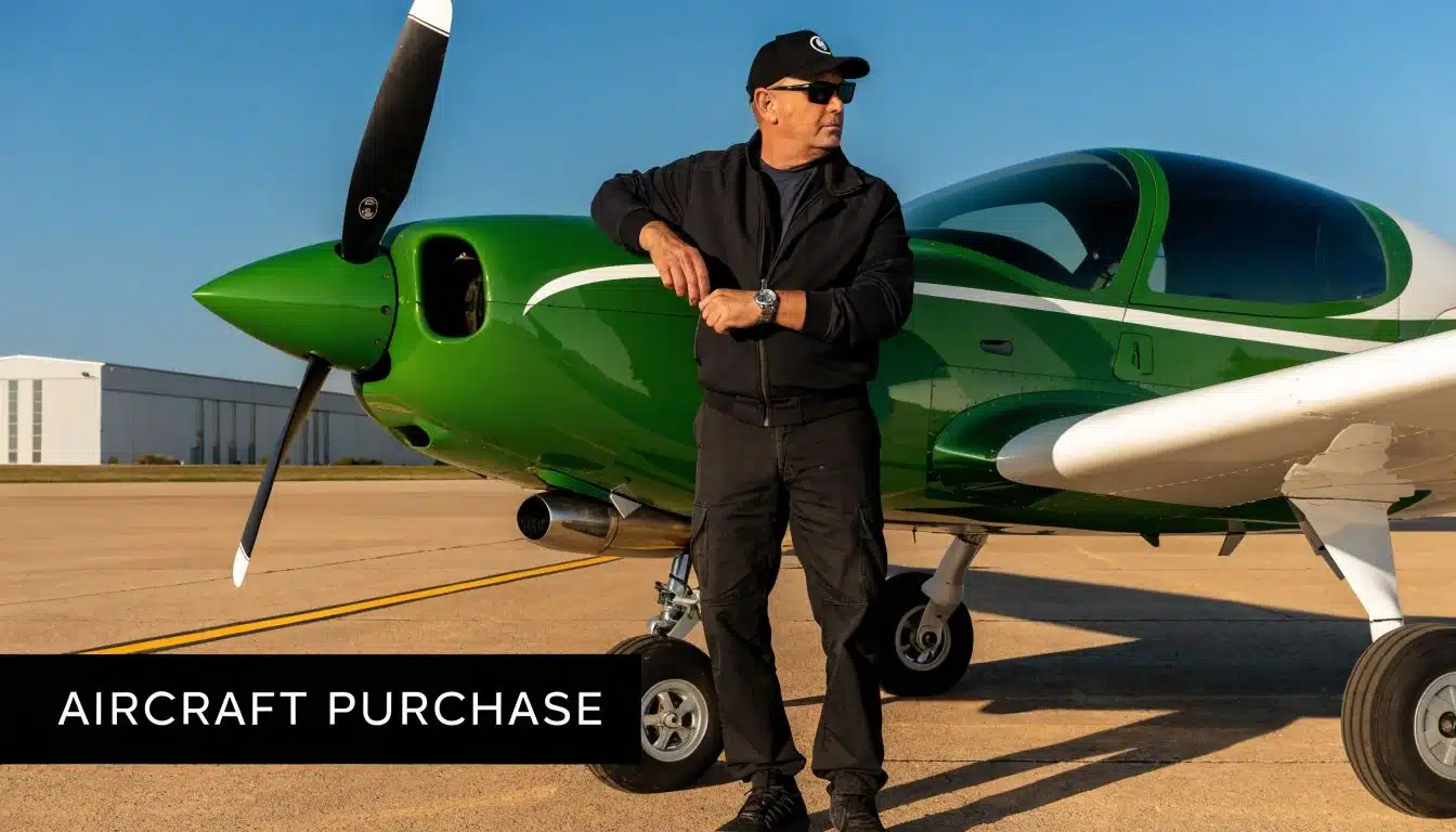 SIC Pilot Jobs: Your Guide to a First Officer Career 4 A professional pilot stands confidently next to a small green and white propeller aircraft on an airfield.