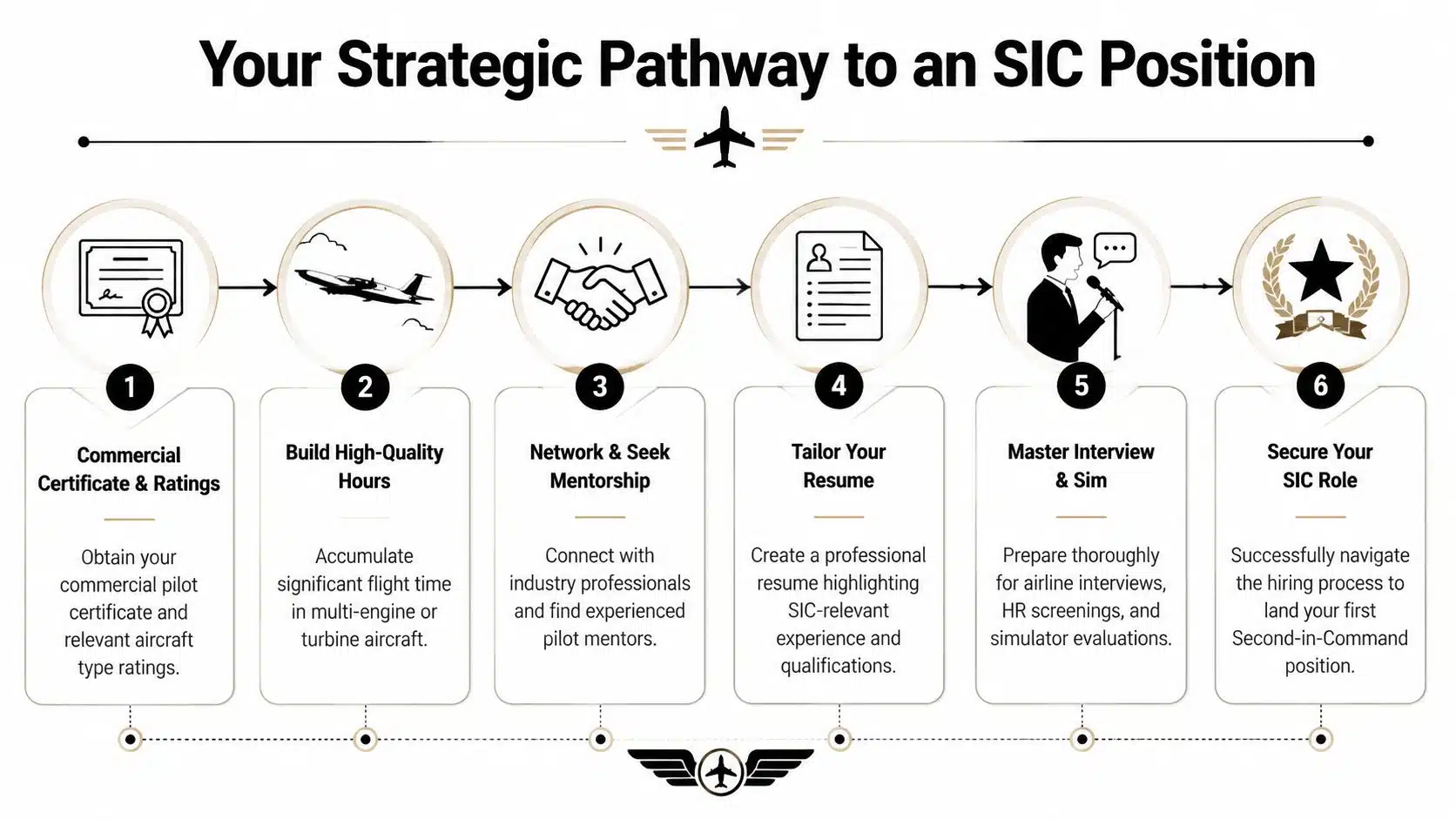 SIC Pilot Jobs: Your Guide to a First Officer Career 3 A step-by-step infographic showing the strategic pathway for pilots to secure a Second-in-Command position.