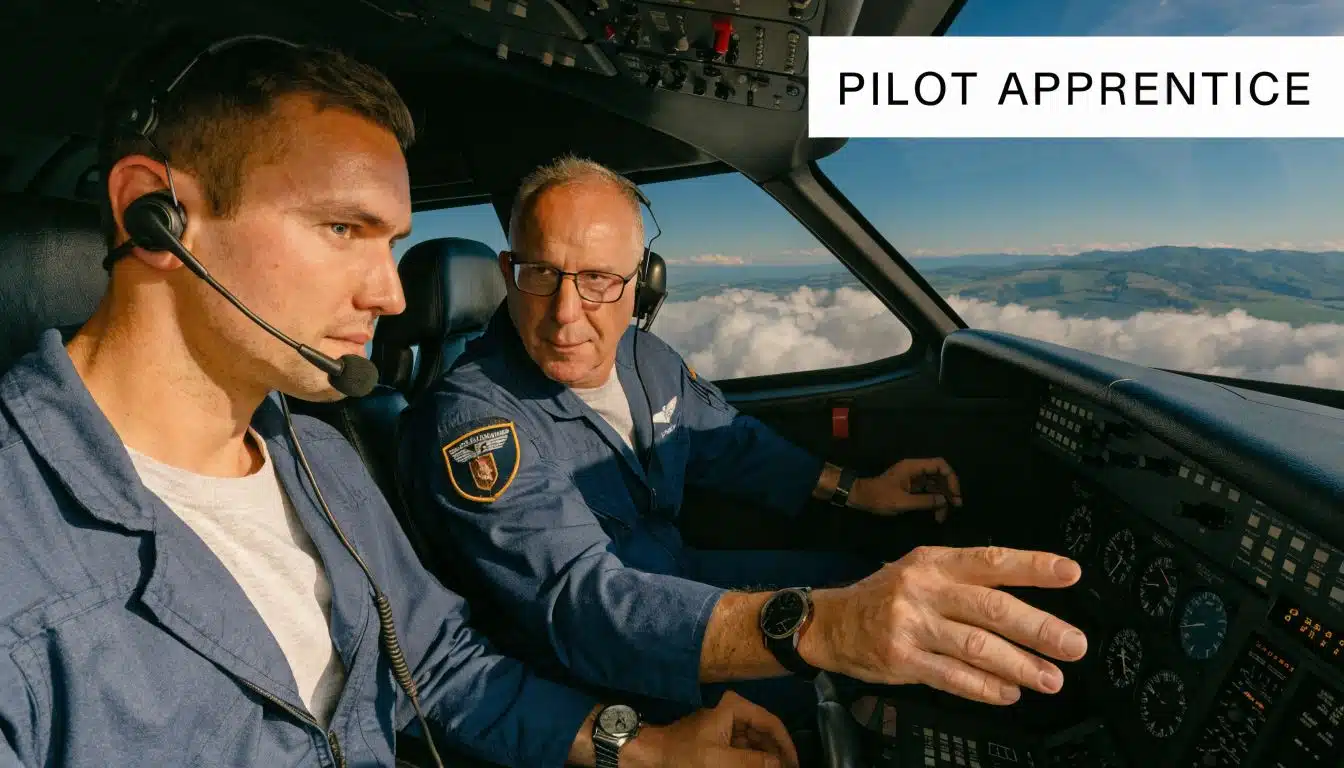 SIC Pilot Jobs: Your Guide to a First Officer Career 2 A professional flight instructor points at the aircraft dashboard to guide a student pilot during a flight.