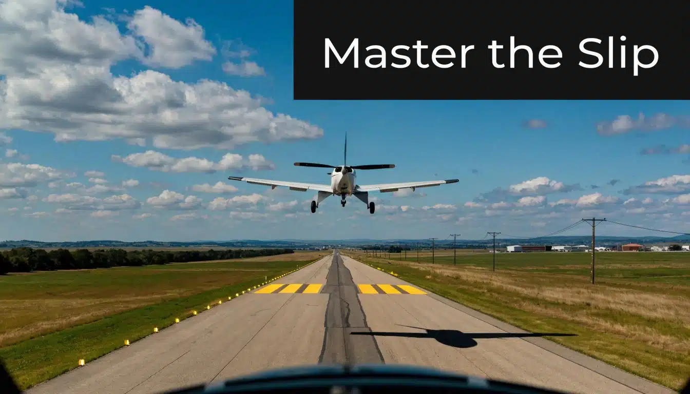 Side Slip Landing: A Pilot's Guide to Safe Crosswinds 2 A small private aircraft performing a side slip landing approach toward a clear paved airport runway.