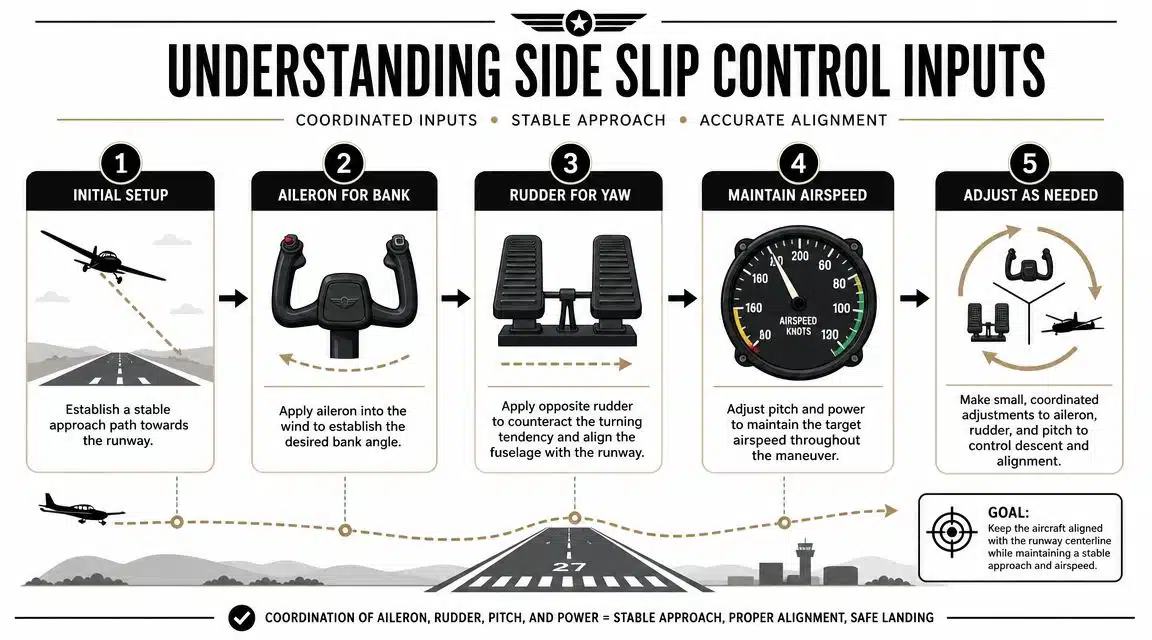 Side Slip Landing: A Pilot's Guide to Safe Crosswinds 3 An instructional infographic detailing the five steps for performing a proper aircraft side slip landing maneuver.