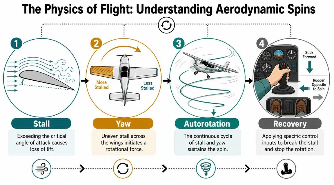 Spin Awareness Training: A Pilot's Safety Guide 2 An infographic detailing the four phases of an aircraft aerodynamic spin including stall, yaw, autorotation, and recovery.