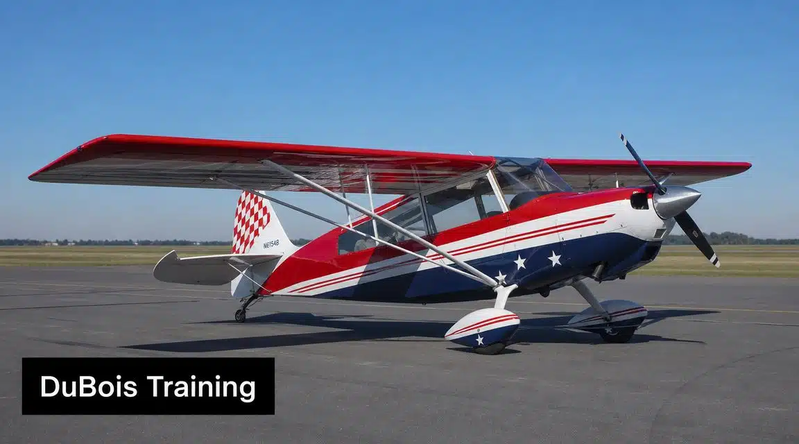 Spin Awareness Training: A Pilot's Safety Guide 5 A red, white, and blue propeller airplane parked on an airport tarmac under a clear blue sky.
