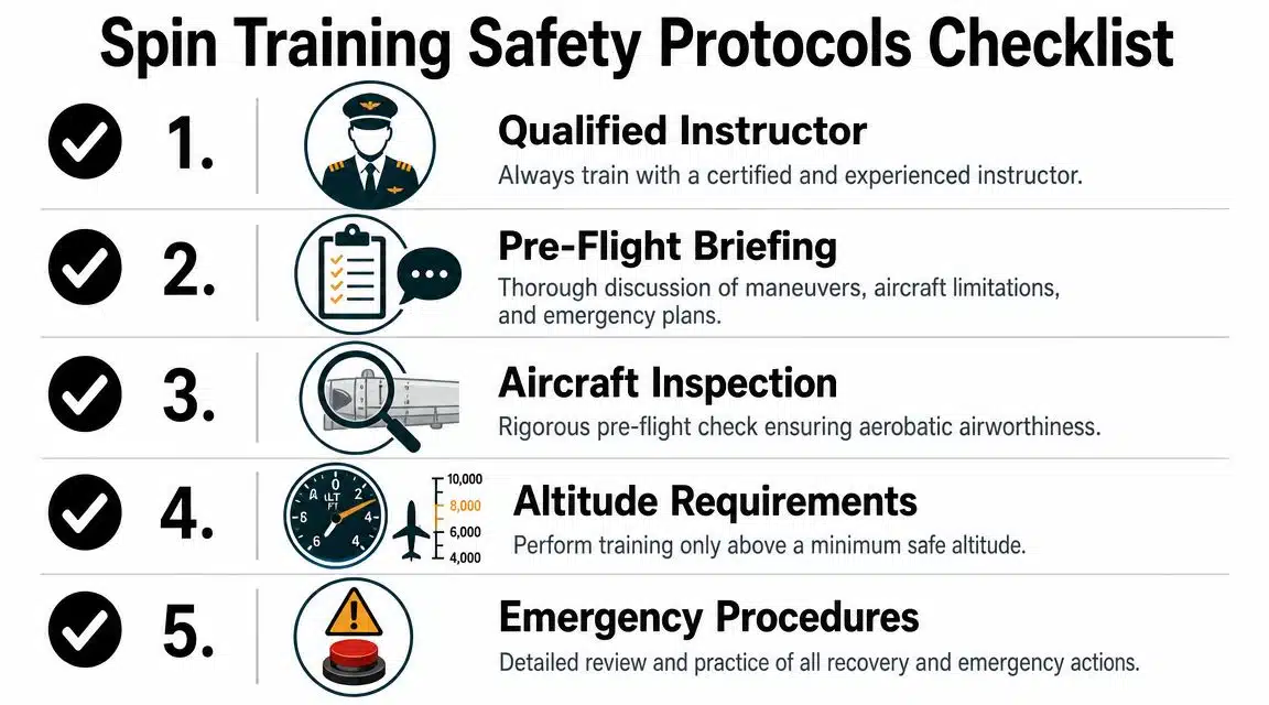 Spin Awareness Training: A Pilot's Safety Guide 4 A safety checklist infographic listing five essential protocols for pilot spin awareness training in aviation.