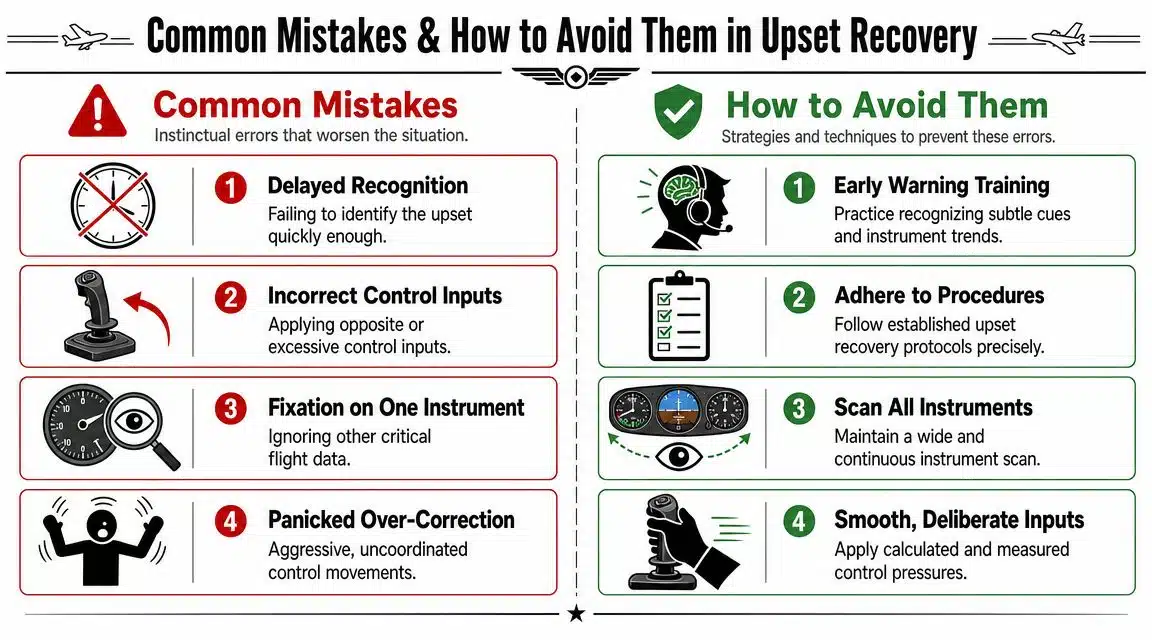 Unusual Attitude Recovery: A Pilot's Guide 4 An infographic detailing common mistakes in aircraft upset recovery and effective techniques for pilots to avoid them.