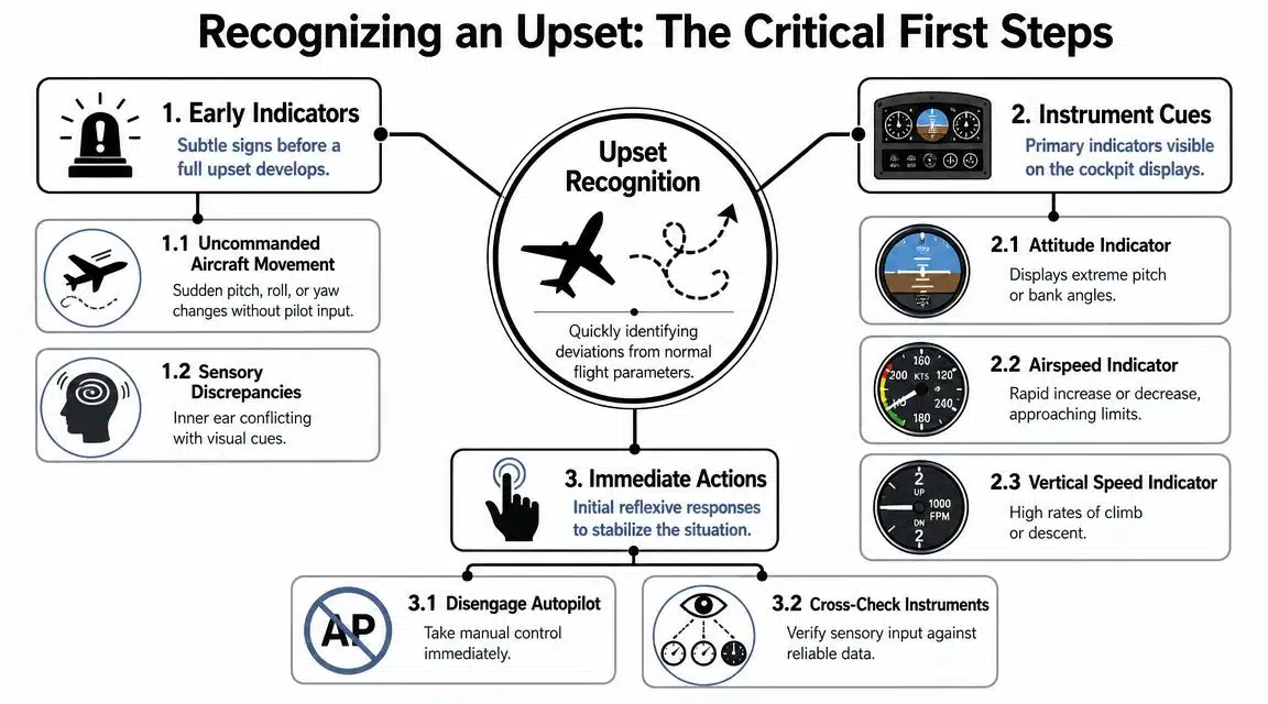Unusual Attitude Recovery: A Pilot's Guide 3 An infographic titled Upset Recognition outlining the early indicators, critical instrument cues, and immediate pilot actions.