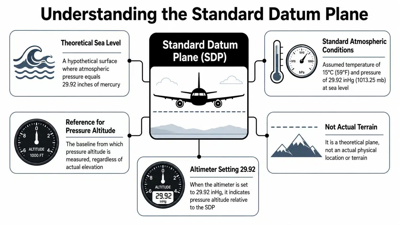 What Is Pressure Altitude? A Guide for Pilots 2 A diagram explaining the Standard Datum Plane as a theoretical reference for measuring aviation pressure altitude.