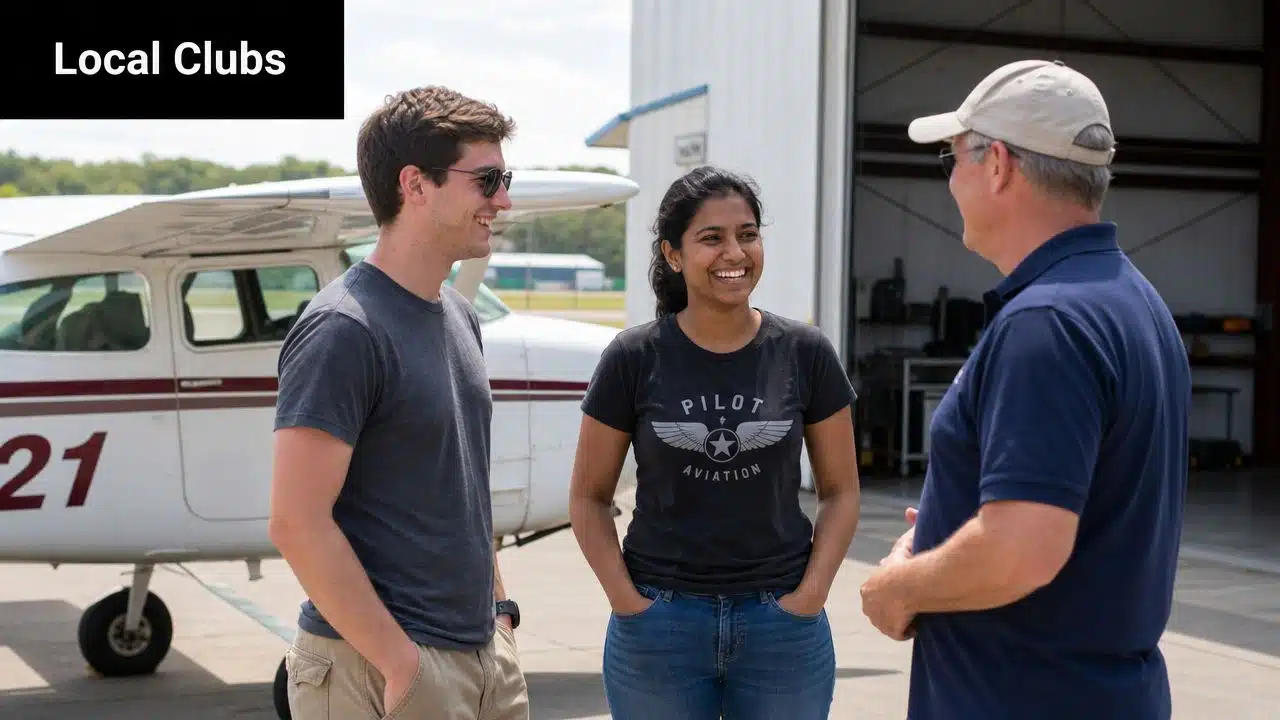 Your Guide to the Yellow Jacket Flying Club & Beyond 4 A young man and woman talking with an older instructor at a local airport hangar.
