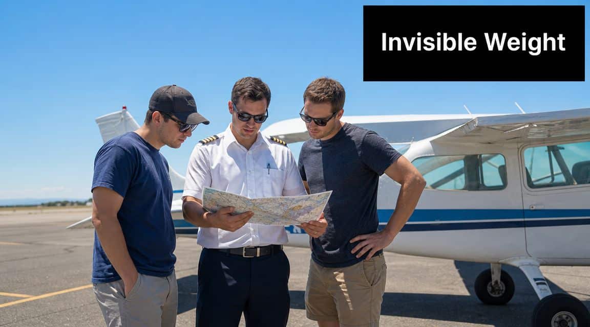 Aircraft Weight and Balance: A Pilot's Essential Guide 2 A pilot explains a flight map to two passengers standing next to a small private airplane outside.