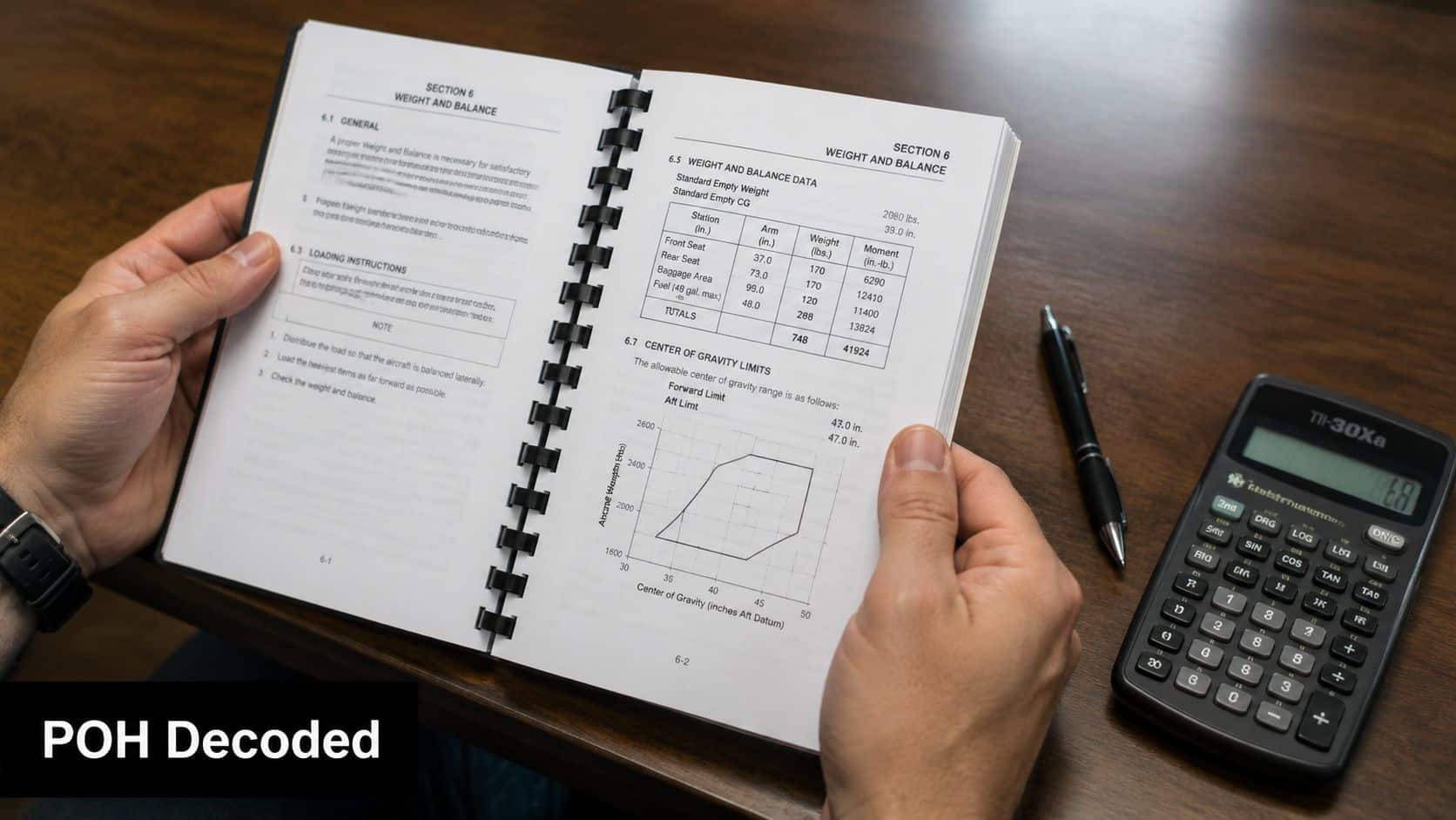Aircraft Weight and Balance: A Pilot's Essential Guide 4 A person reviewing a Pilot Operating Handbook on aircraft weight and balance with a calculator nearby.