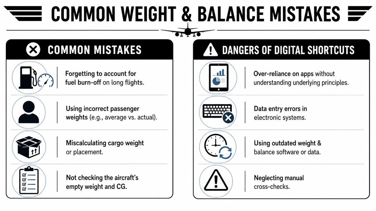 Aircraft Weight and Balance: A Pilot's Essential Guide 5 An infographic titled Common Weight and Balance Mistakes illustrating errors in flight planning and digital tool usage.