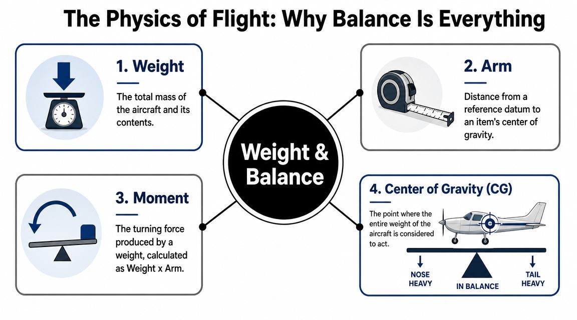 Aircraft Weight and Balance: A Pilot's Essential Guide 3 An infographic titled The Physics of Flight explaining weight, arm, moment, and center of gravity concepts.