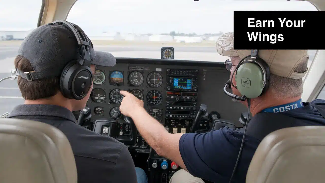 Discover 9 Surprising Benefits of Private Pilot License In 4 A flight instructor pointing at the cockpit dashboard for his student during a private pilot training flight.