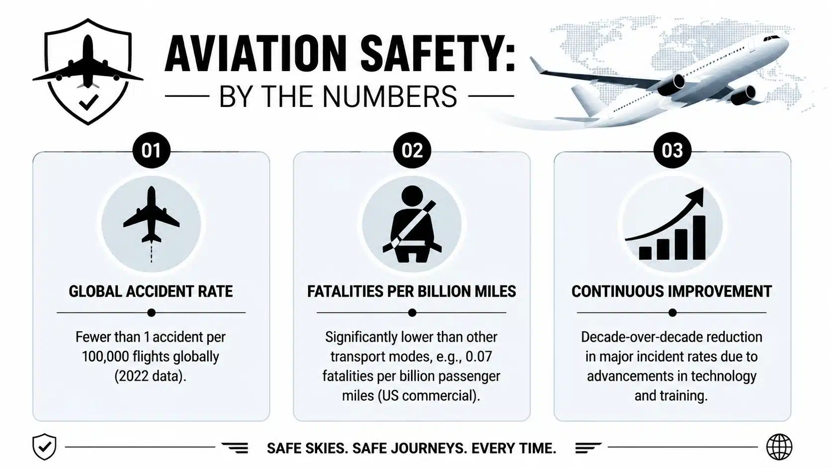 Commercial Airline Crashes: Facts on Aviation Safety 2 An infographic titled Aviation Safety: By the Numbers showing statistics about global accident rates and fatalities.