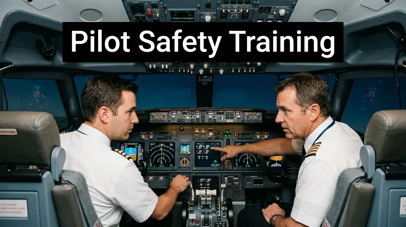 Commercial Airline Crashes: Facts on Aviation Safety 3 Two pilots in a flight simulator cockpit during professional aviation safety training.
