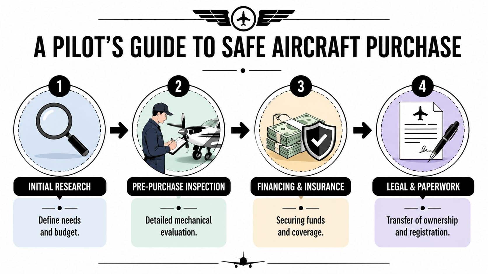 East Hill Flying Club: A Complete Pilot's Guide for 2026 4 A four-step infographic showing the process for purchasing an aircraft safely for pilot education.