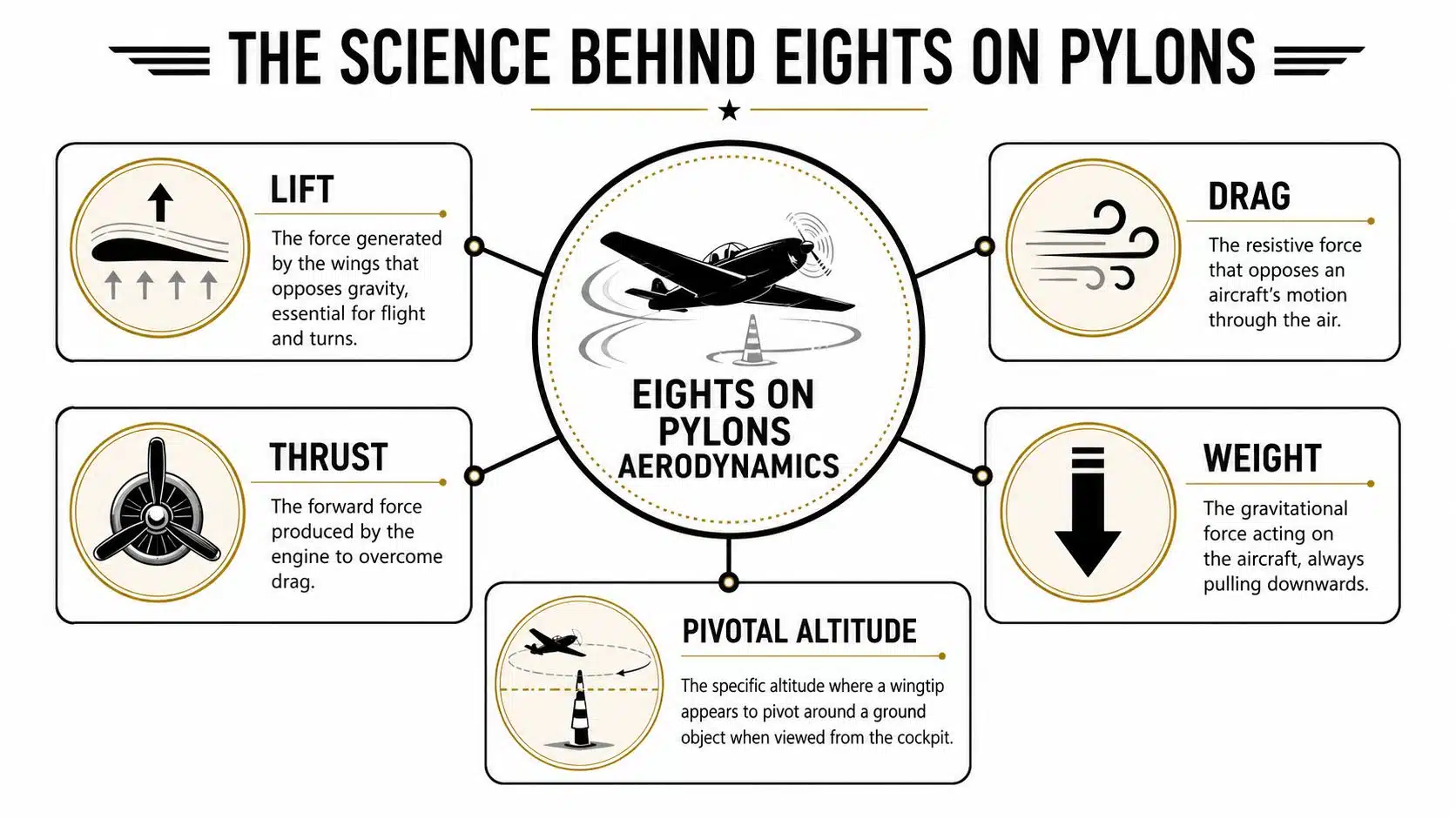 Eights on Pylons: A Pilot's Guide to Mastery 2 An infographic explaining the aerodynamic forces and pivotal altitude involved in the eights on pylons flight maneuver.