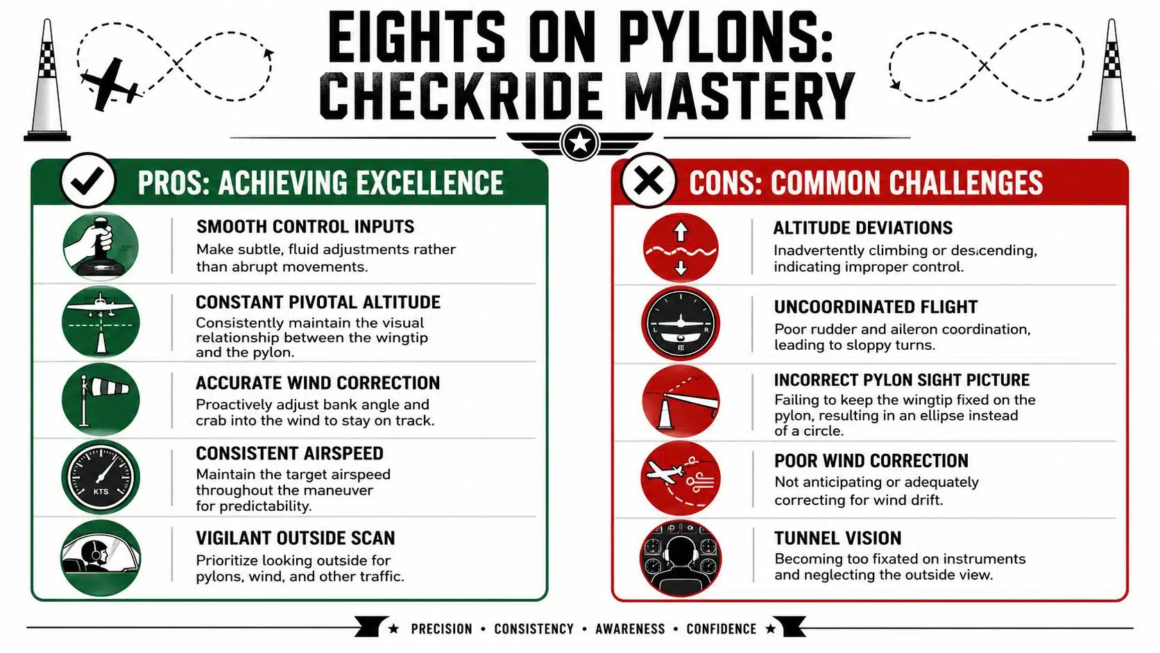 Eights on Pylons: A Pilot's Guide to Mastery 4 An infographic detailing pros and cons of performing eights on pylons flight maneuvers for pilot training.