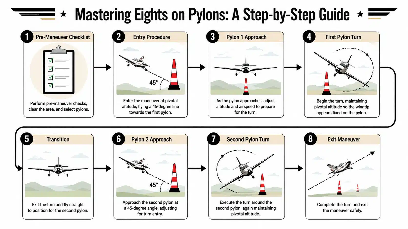 Eights on Pylons: A Pilot's Guide to Mastery 3 A step-by-step instructional infographic showing the flight maneuver known as eights on pylons for pilots.
