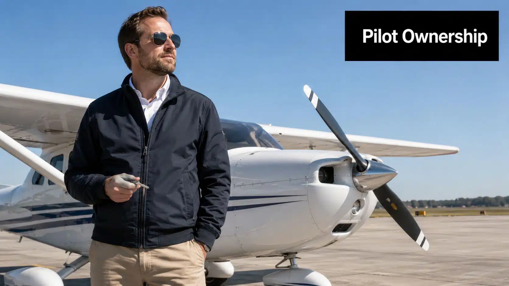 Eights on Pylons: A Pilot's Guide to Mastery 5 A man wearing sunglasses and a navy jacket stands confidently in front of a white airplane.