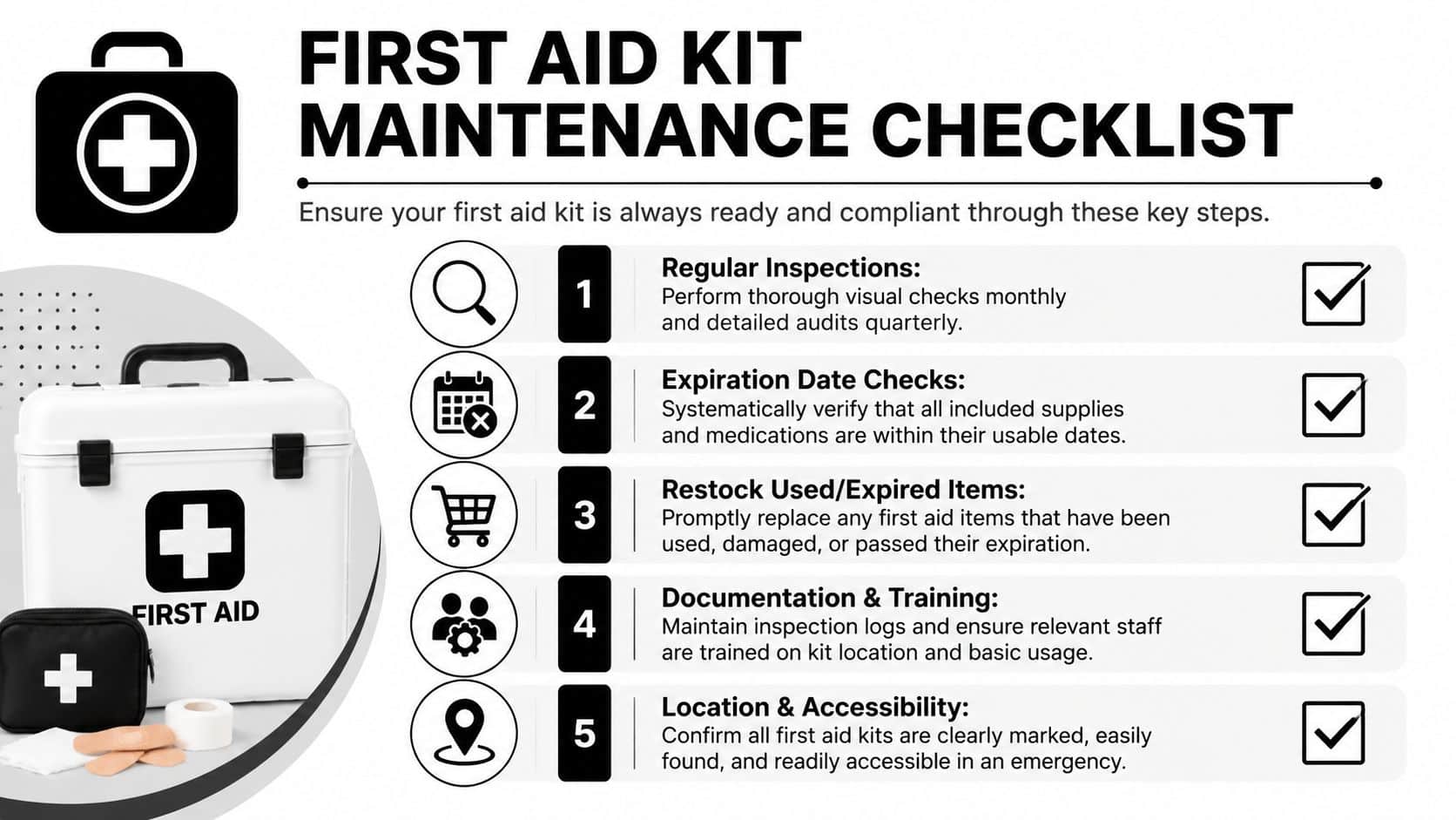 First Aid Kit Requirements for Flight Schools: 2026 Guide 4 A checklist illustrating five essential steps for maintaining a first aid kit to ensure emergency readiness.