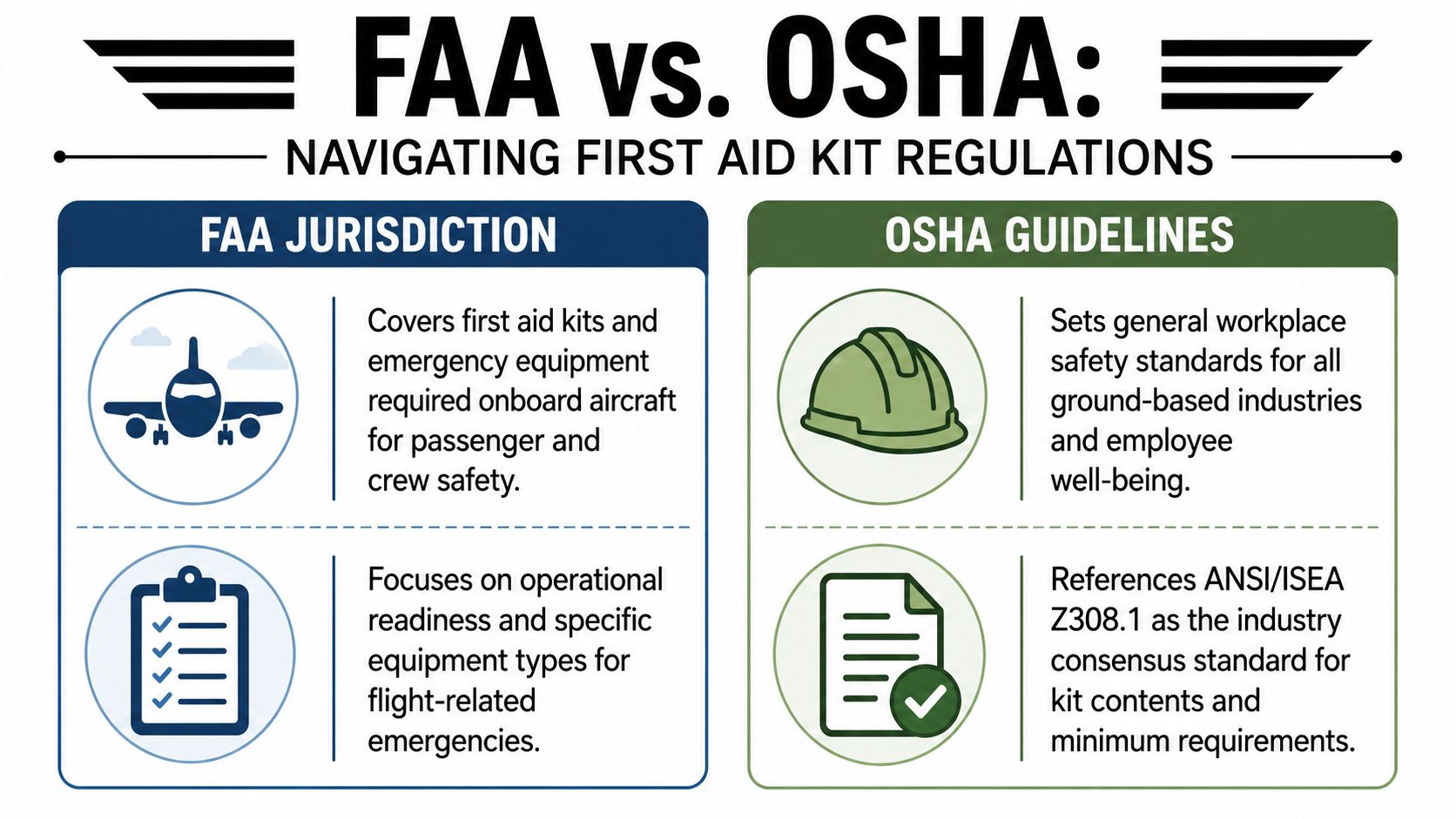 First Aid Kit Requirements for Flight Schools: 2026 Guide 2 A comparison infographic between FAA jurisdiction and OSHA guidelines regarding aviation and general workplace first aid kits.