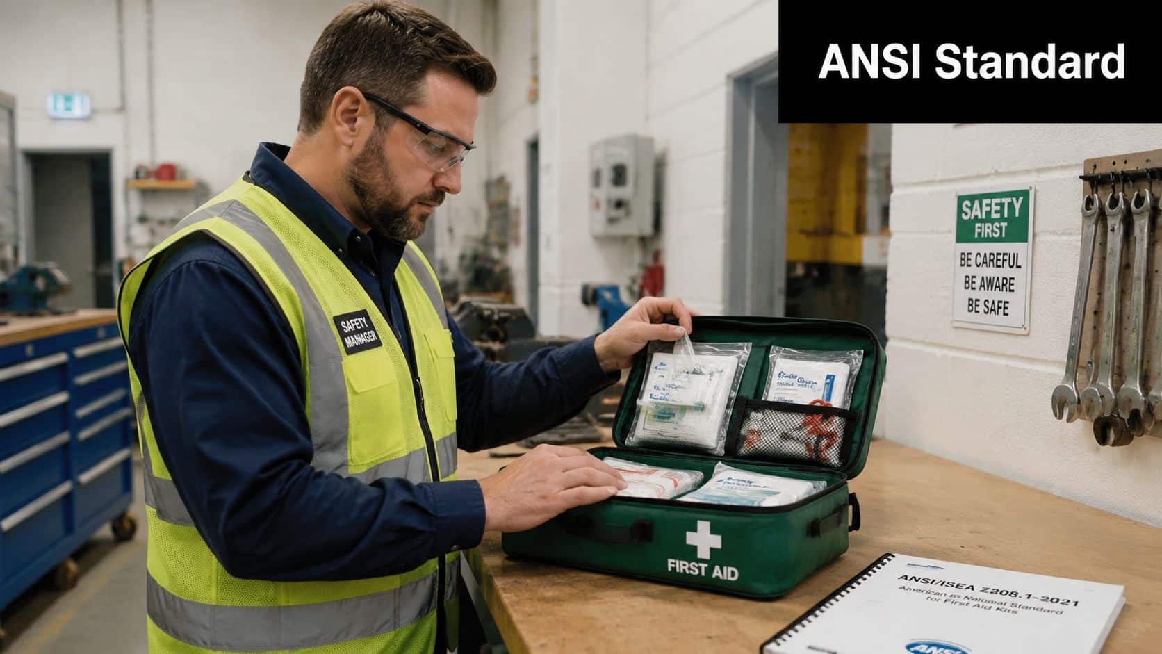 First Aid Kit Requirements for Flight Schools: 2026 Guide 3 A safety manager in a high-visibility vest inspects an ANSI compliant first aid kit on a workbench.
