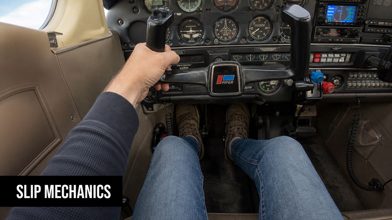 Forward Slip Landing: A Pilot's Guide to Safe Descents 4 A first-person view of a pilot operating the yoke and rudder pedals inside a Piper aircraft cockpit.