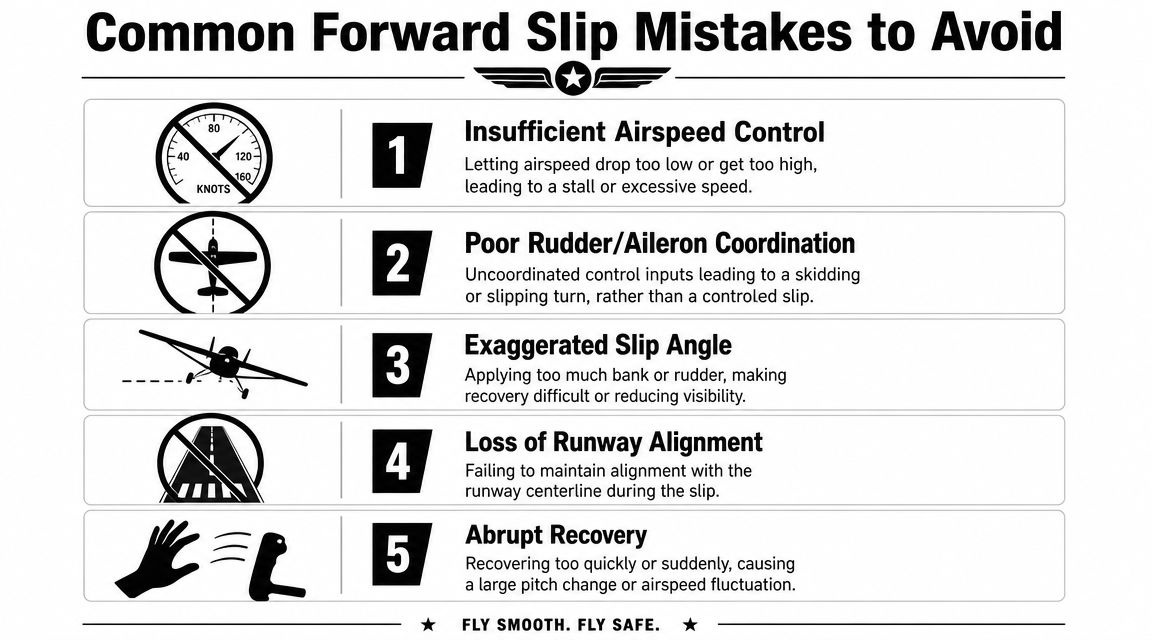 Forward Slip Landing: A Pilot's Guide to Safe Descents 5 An infographic detailing five common mistakes to avoid when performing a forward slip in an aircraft.