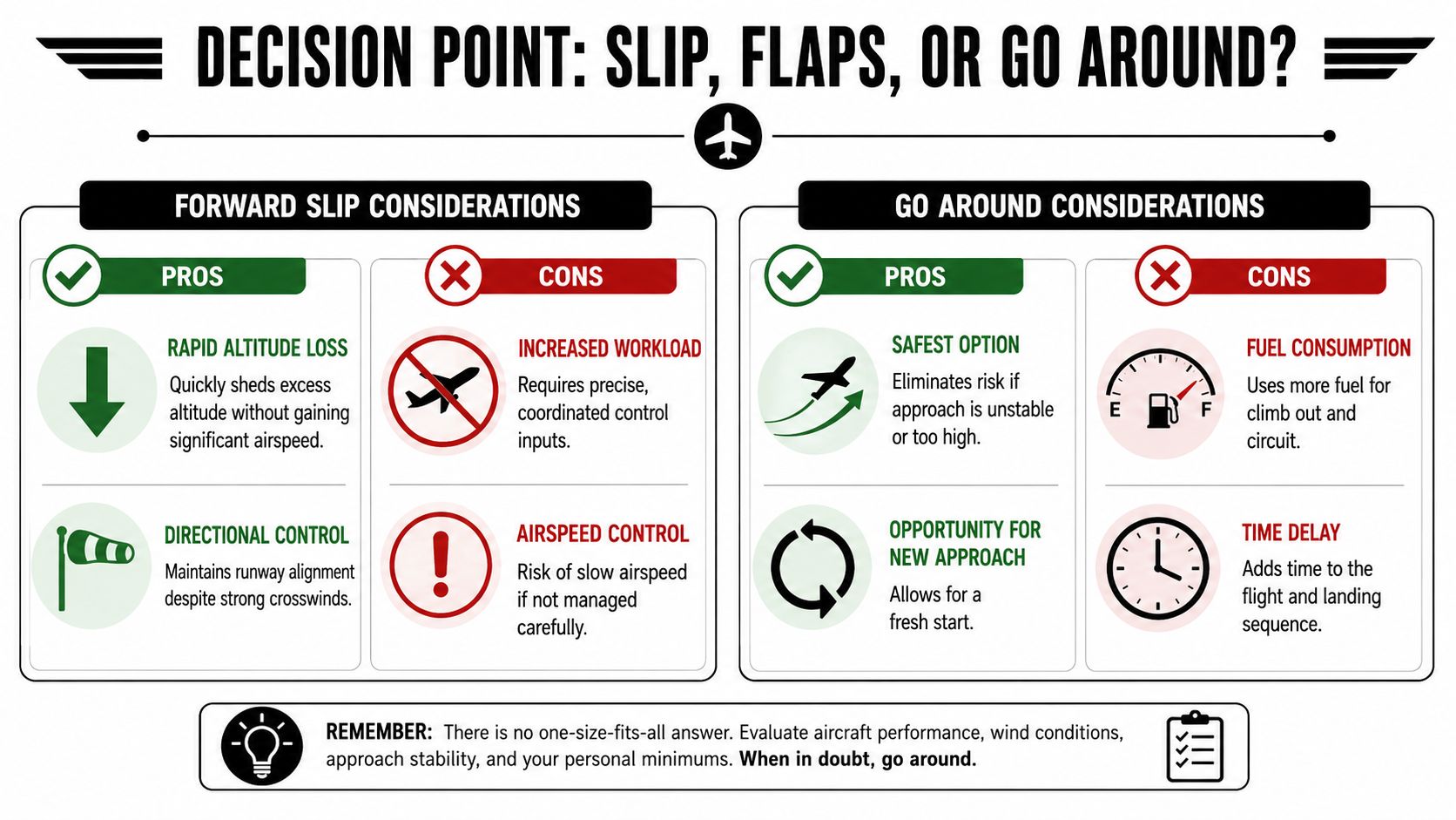 Forward Slip Landing: A Pilot's Guide to Safe Descents 3 An infographic comparing forward slip and go around procedures for pilots during landing approaches.