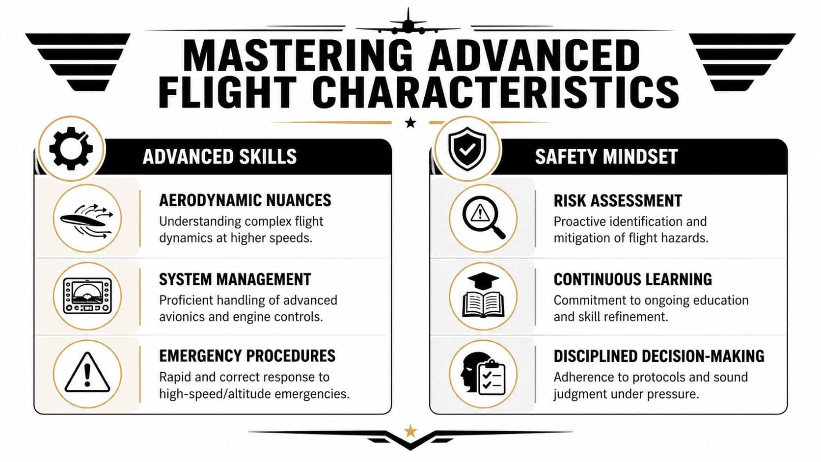 High Performance Aircraft: A Pilot's Essential Guide 4 A professional infographic titled Mastering Advanced Flight Characteristics, outlining key aviation skills and safety mindset principles.