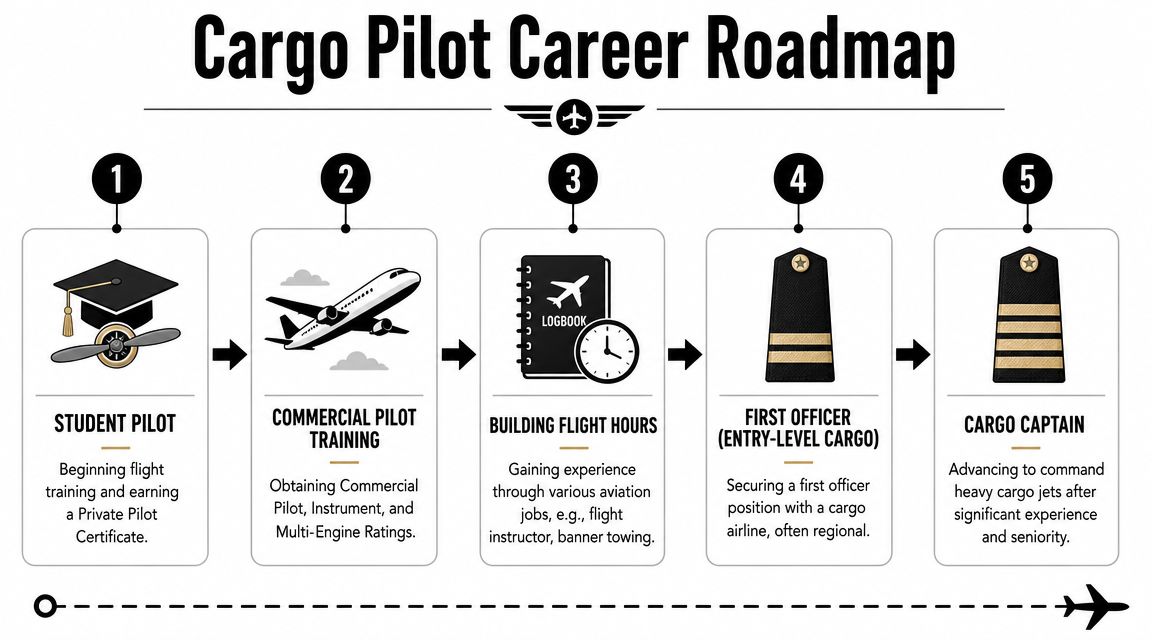 How Much Does a Cargo Pilot Make? 2026 Guide 4 A step-by-step career roadmap infographic illustrating the journey from student pilot to cargo captain.