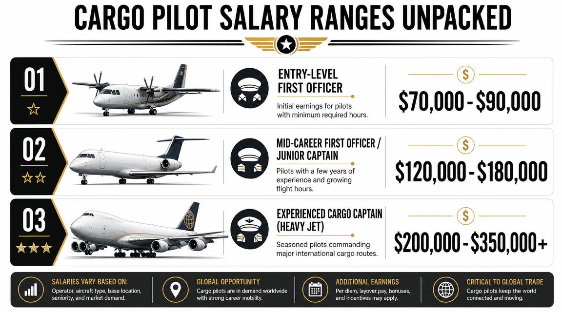 How Much Does a Cargo Pilot Make? 2026 Guide 2 An infographic showing the annual salary ranges for cargo pilots at different career stages, from entry-level to experienced captain.