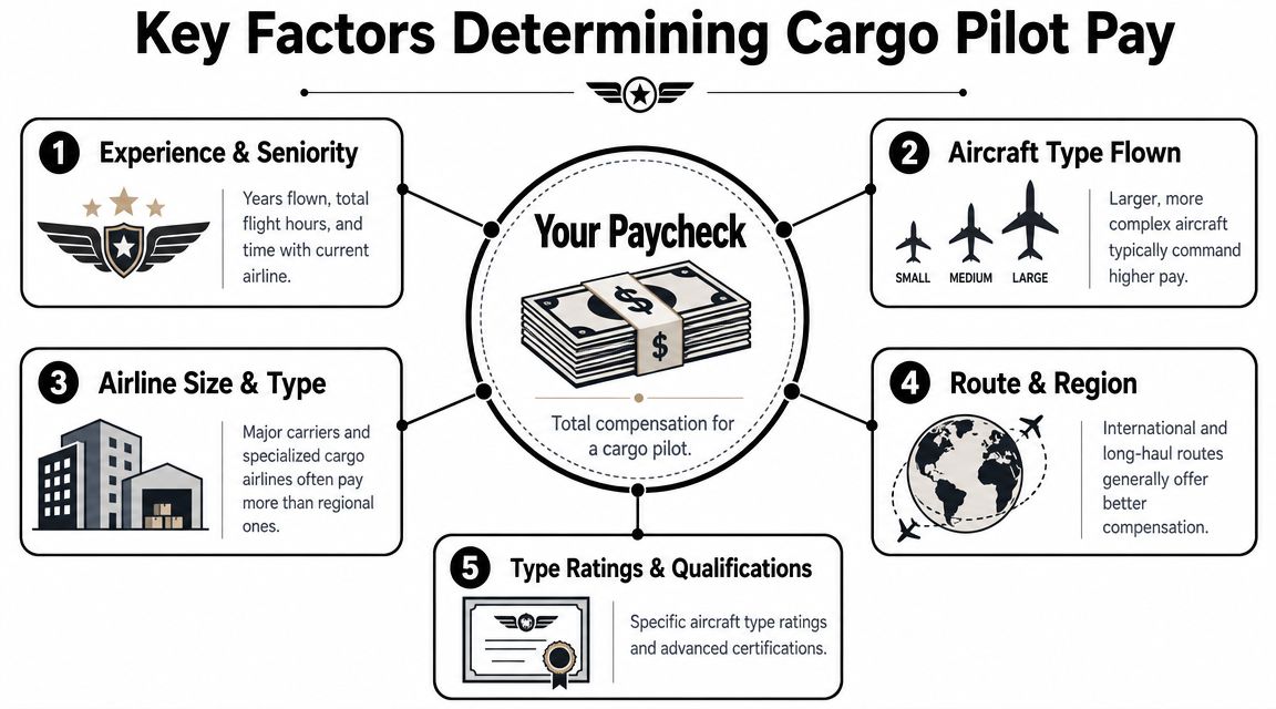 How Much Does a Cargo Pilot Make? 2026 Guide 3 An infographic showing five key factors determining the pay for cargo airline pilots.