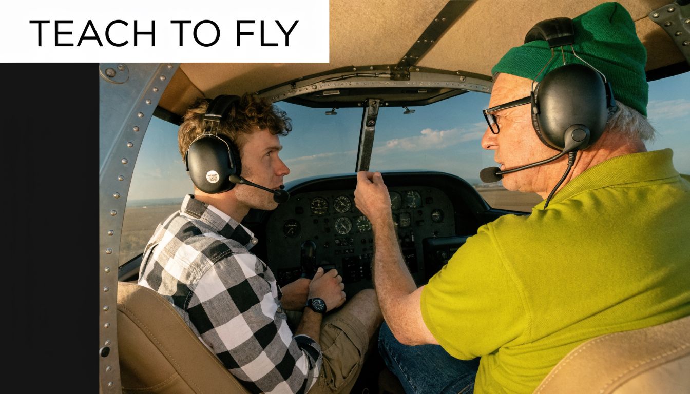 How to Build Flight Hours Fast for Your Airline Career 3 A flight instructor teaching a student pilot inside the cockpit of a small aircraft during sunset.
