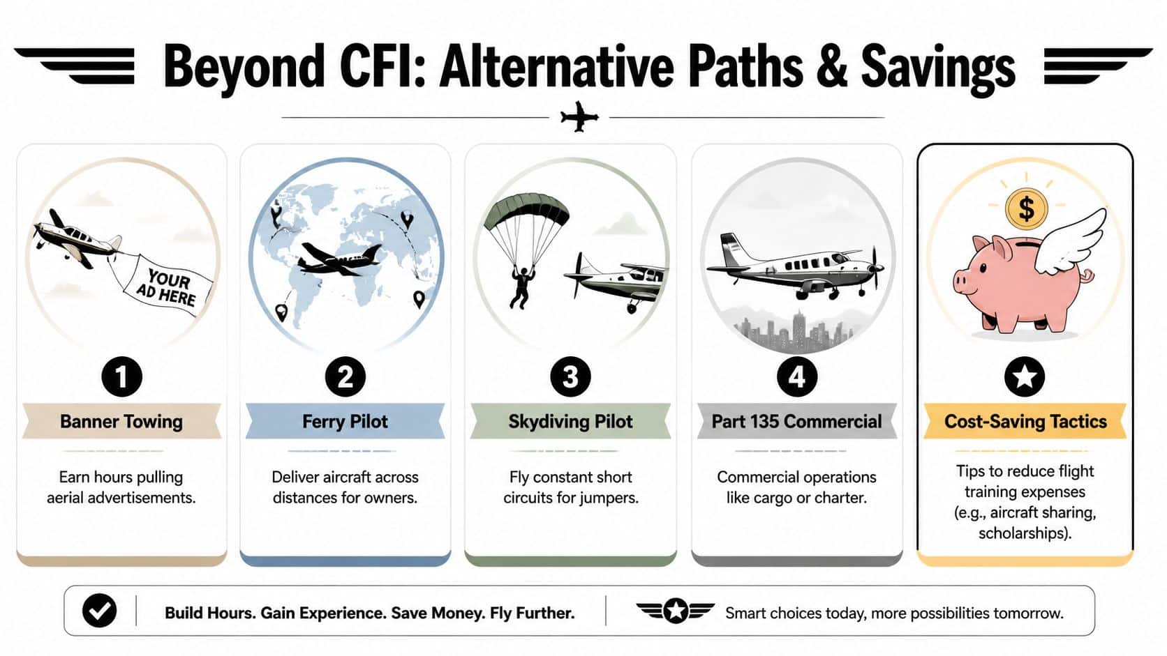 How to Build Flight Hours Fast for Your Airline Career 4 An infographic showing five career paths for pilots to build flight hours and save on costs.