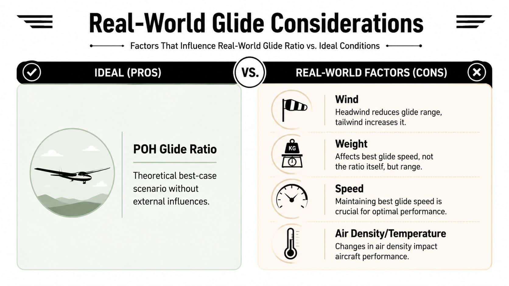 How to Calculate Glide Ratio: A Pilot's Practical Guide 3 A diagram contrasting ideal POH glide ratio with real-world factors like wind, weight, speed, and air density.