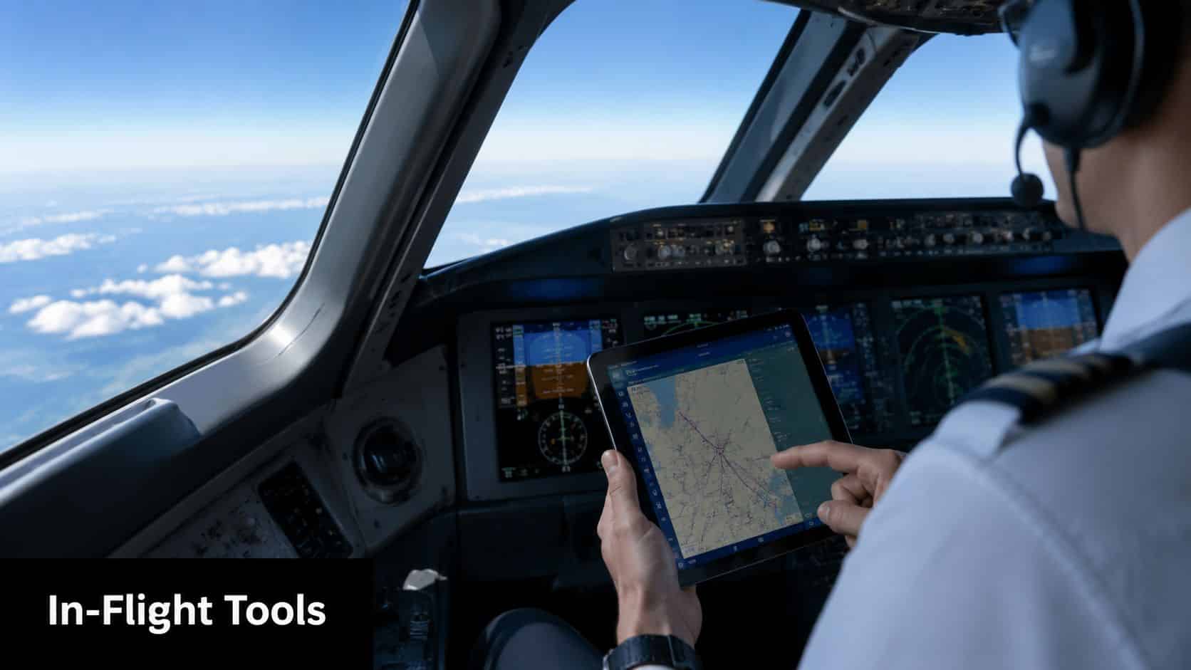 How to Calculate Glide Ratio: A Pilot's Practical Guide 4 A commercial airline pilot navigating a flight path on a tablet inside the cockpit during flight.