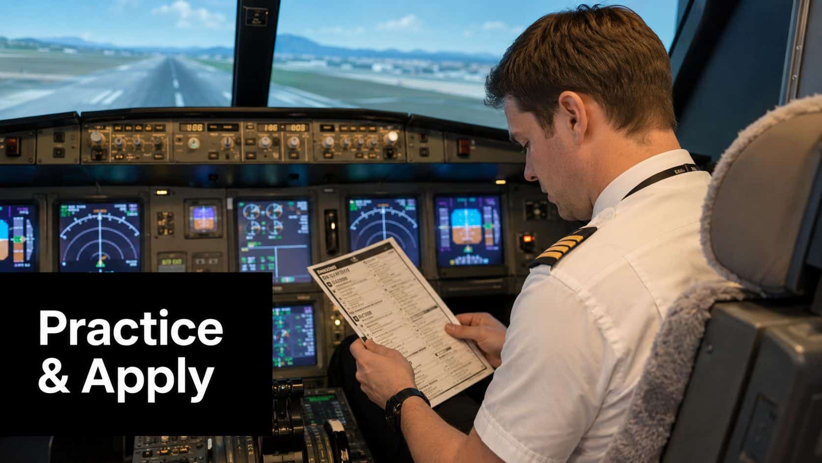 How to Improve Decision Making: A Pilot's Guide for 2026 4 A professional pilot reviewing a technical checklist while seated in an airplane cockpit flight simulator.