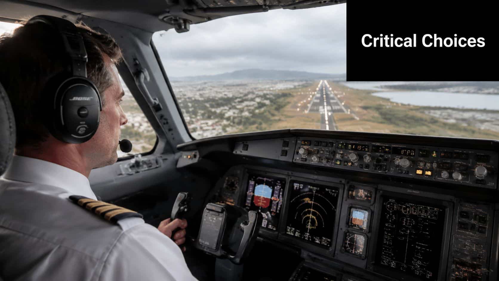 How to Improve Decision Making: A Pilot's Guide for 2026 2 A commercial airline pilot in the cockpit focused on landing the aircraft at an airport runway.