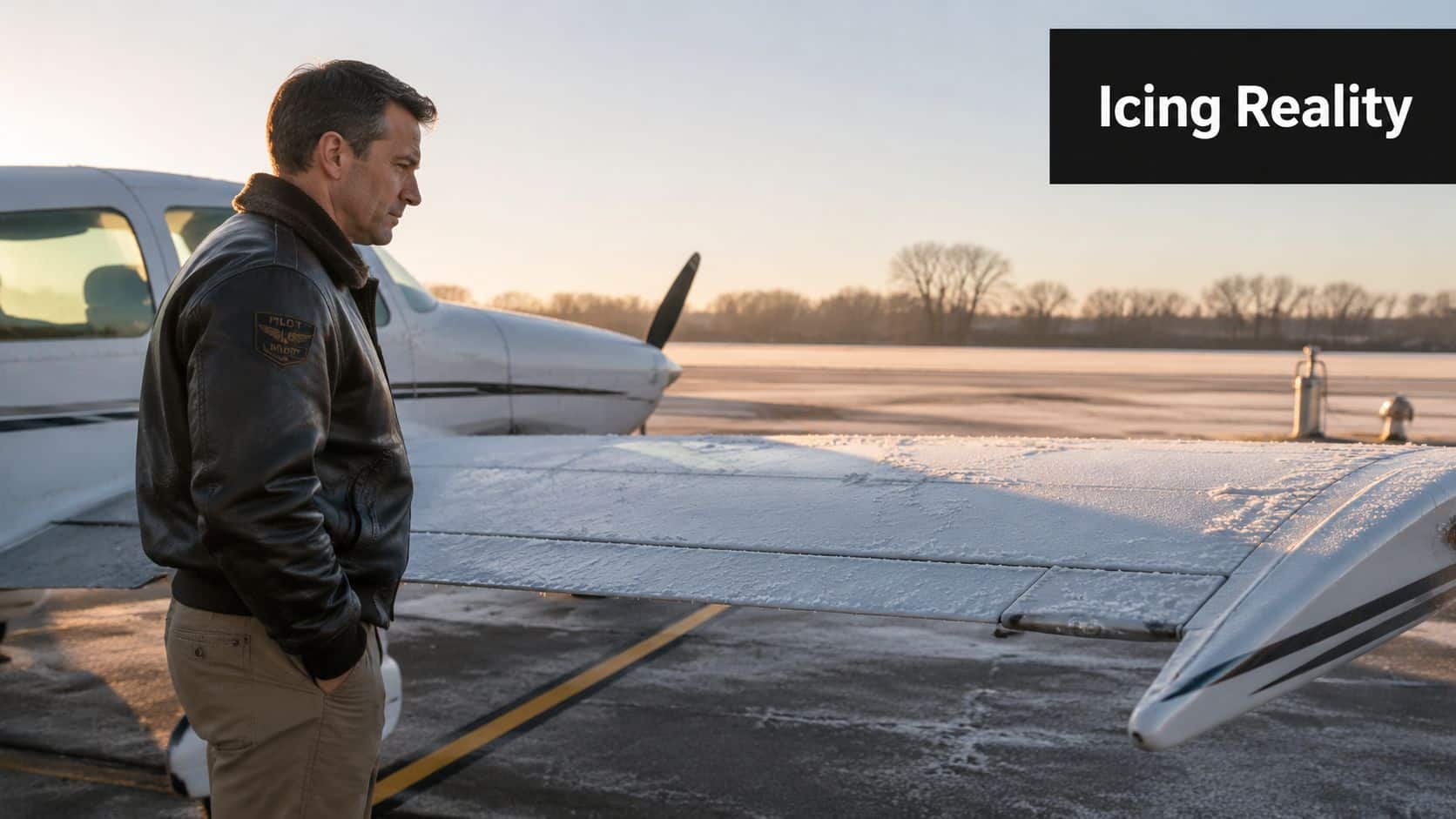 Aircraft Ice Protection Systems: Pilot's Safety Guide 2 A pilot standing on the tarmac, looking at frost and ice accumulation on a small aircraft wing.