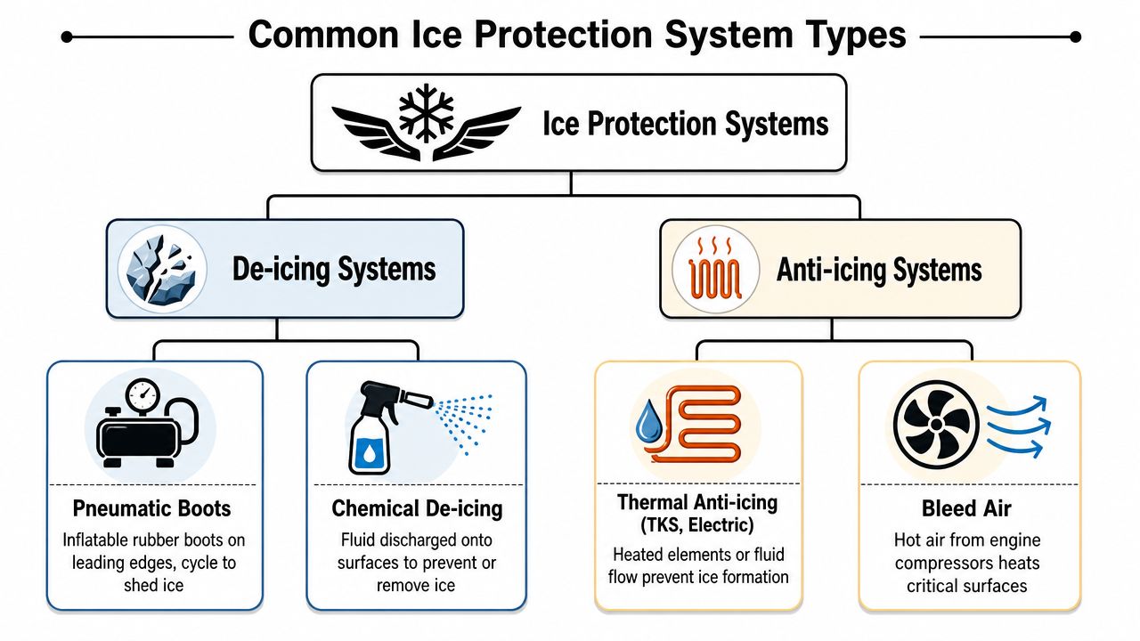 Aircraft Ice Protection Systems: Pilot's Safety Guide 3 A diagram categorizing aircraft ice protection systems into de-icing methods like pneumatic boots and anti-icing systems like thermal.