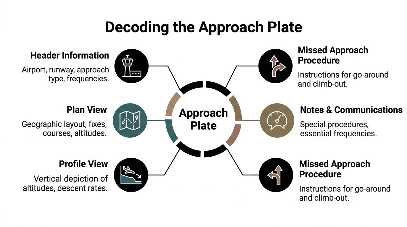 Instrument Approach Procedures: A Pilot's Guide for 2026 3 An infographic diagram labeled Decoding the Approach Plate, explaining sections of a standard aviation instrument approach procedure chart.