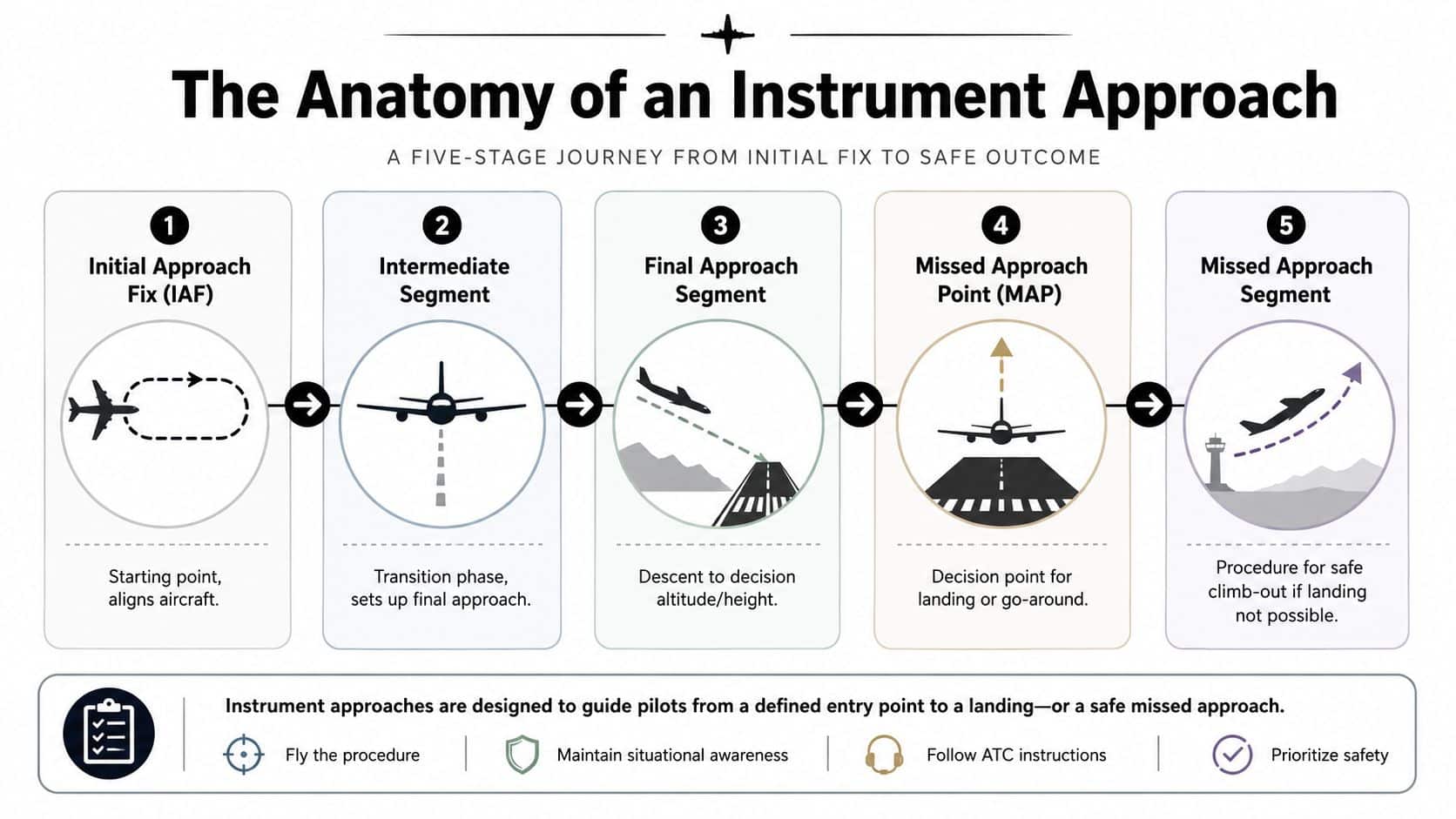 Instrument Approach Procedures: A Pilot's Guide for 2026 2 An infographic detailing the five stages of an instrument approach procedure for pilots from fix to landing.